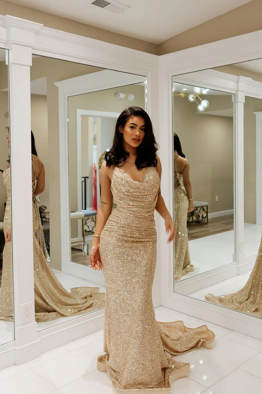 Gold Long Prom Dress with Cowl Neck and Sequins - Elegant Mermaid Evening Gown, PD2404073