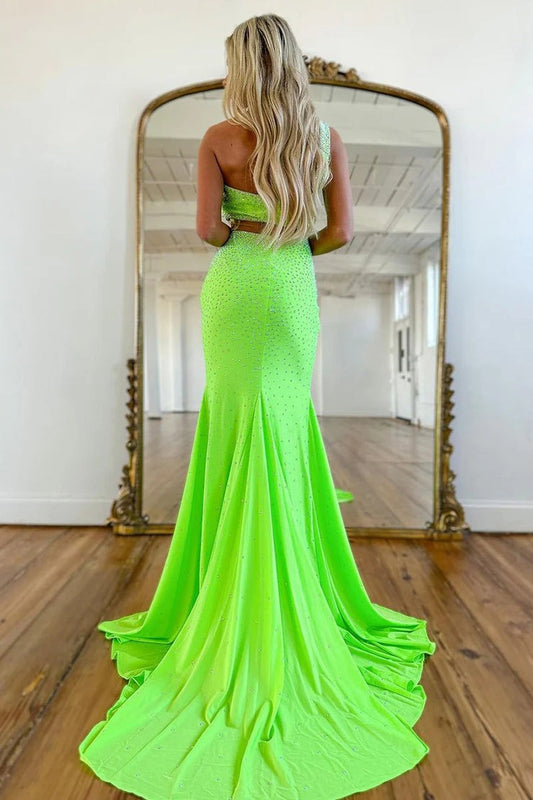 One Shoulder Green Beaded Satin Mermaid Long Prom Dress, PD25164