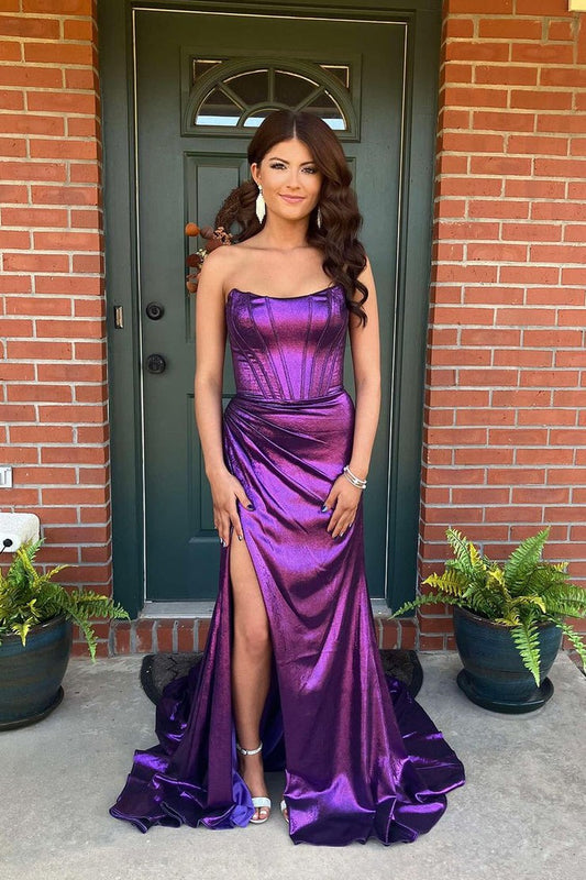 Mermaid Scoop Neck Satin Purple Prom Dresses with Slit, PD25003