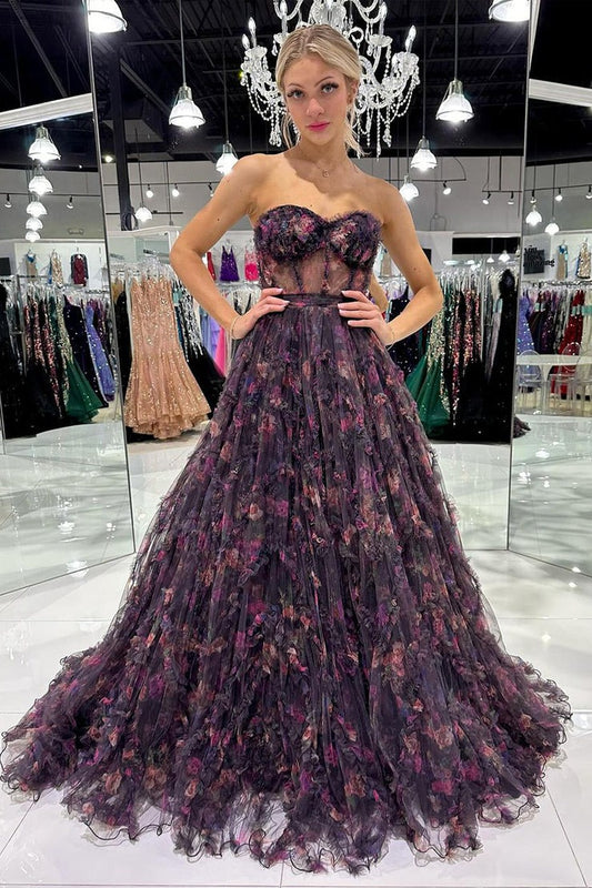 Floral Printed Black Strapless Tulle Long Prom Dress, PD25317