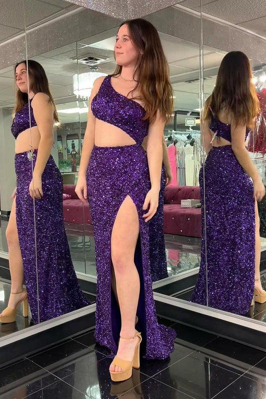 One Shoulder Mermaid Purple Sequins Long Prom Dress with Slit, PD25150
