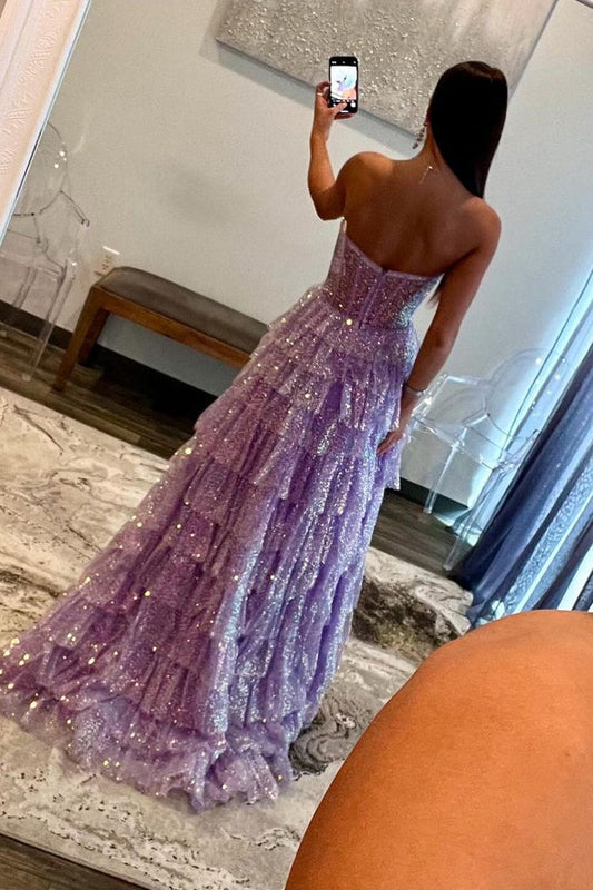 Sweetheart A Line Lavender Sequins Tulle Long Prom Dresses with Split, PD25025