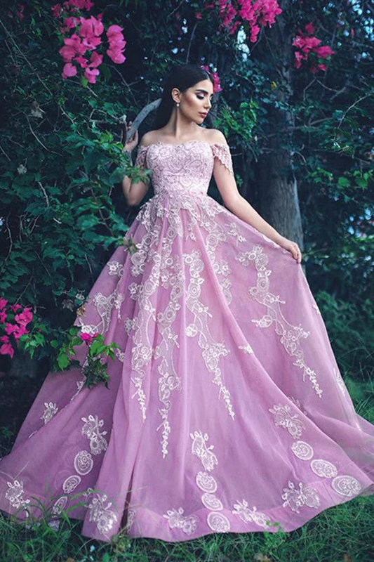 Off-The-Shoulder Tulle Prom Dress Ball Gown With Lace Appliques, PD2405014