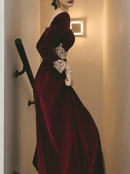 Long A-Line Scoop Neck Velvet Prom Dress, PD221023