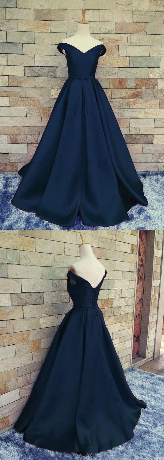 blue prom dress, long prom dress, off shoulder prom dress, A-line evening dress, prom dress, BD380
