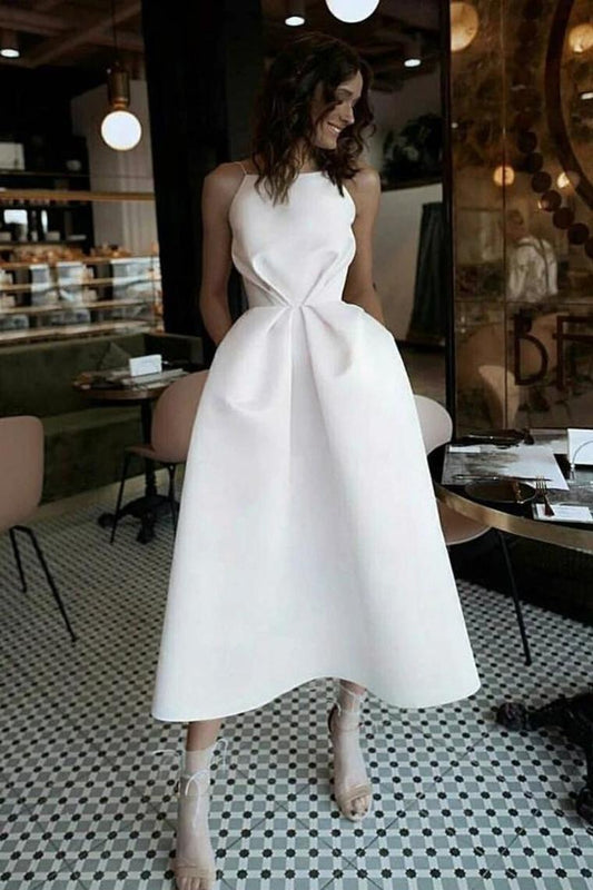 Unique Tea Length Satin Party Dress, Spaghetti Straps Backless Prom Dress,JL20015