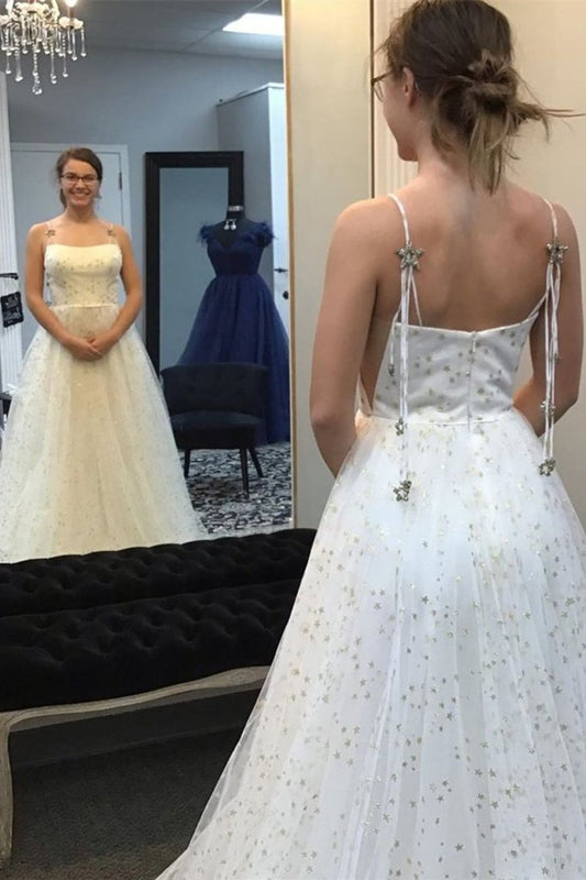 Charming A Line Spaghetti Straps Tulle Prom Dresses With Stars, Dance Dresses,JL20033