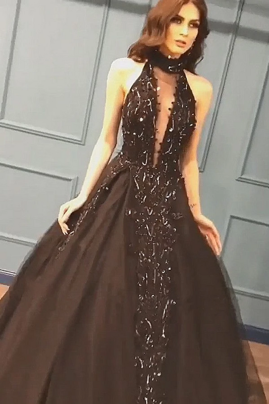 Sexy Ball Gown High Neck Black Tulle V Neck Sequins Party Dresses, Prom Dresses,JL20045