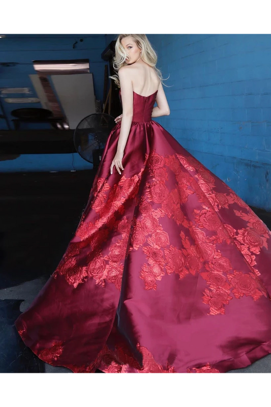 Unique A Line Strapless Burgundy Satin Prom Dresses With Appliques, Formal Dresses,JL20107