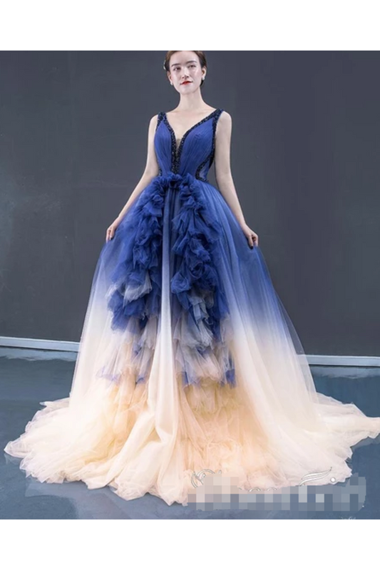 Ombre Contrast Colored A Line Prom Dress Pleated V Neck Long Formal Dress,JL20131