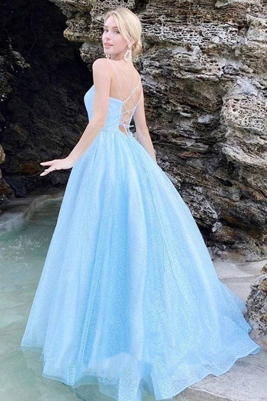 Long Sky Blue Prom Dress with Spaghetti Straps, PD221029