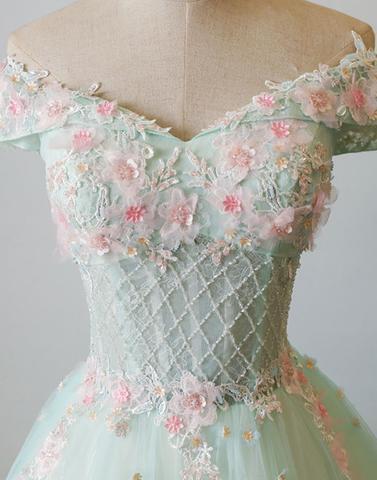charming lace up back off shoulder A-line tulle long mint prom dress, PD87415
