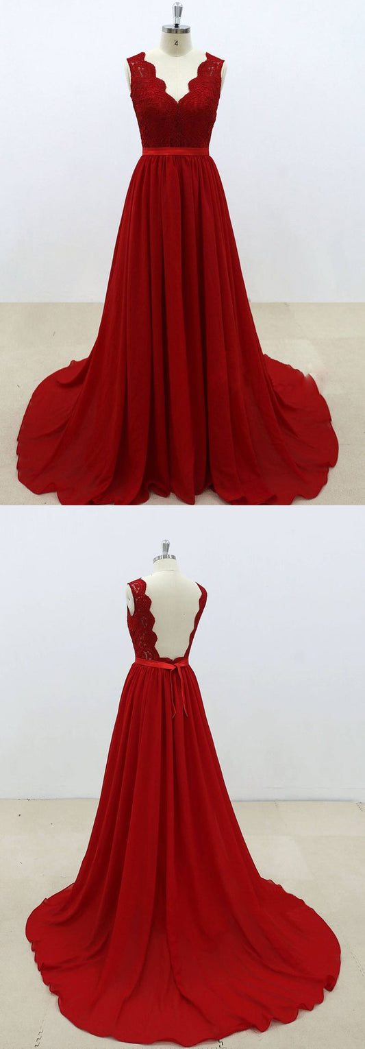 v-neck red backless chiffon long bridesmaid prom dress, PD2140