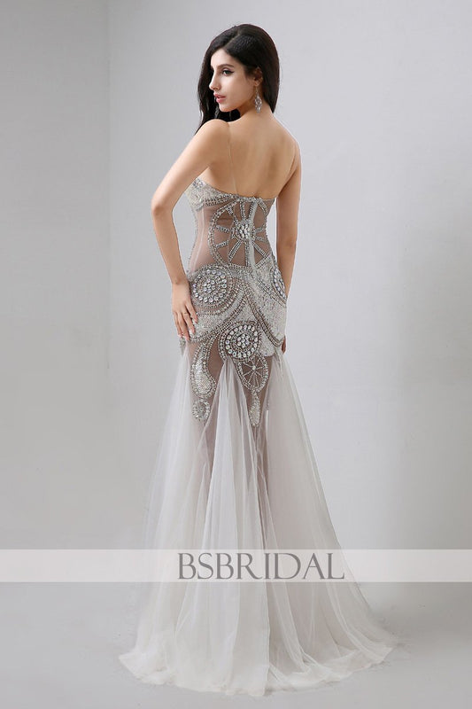 sexy unique white tulle strapless beaded long prom dress, AJ030