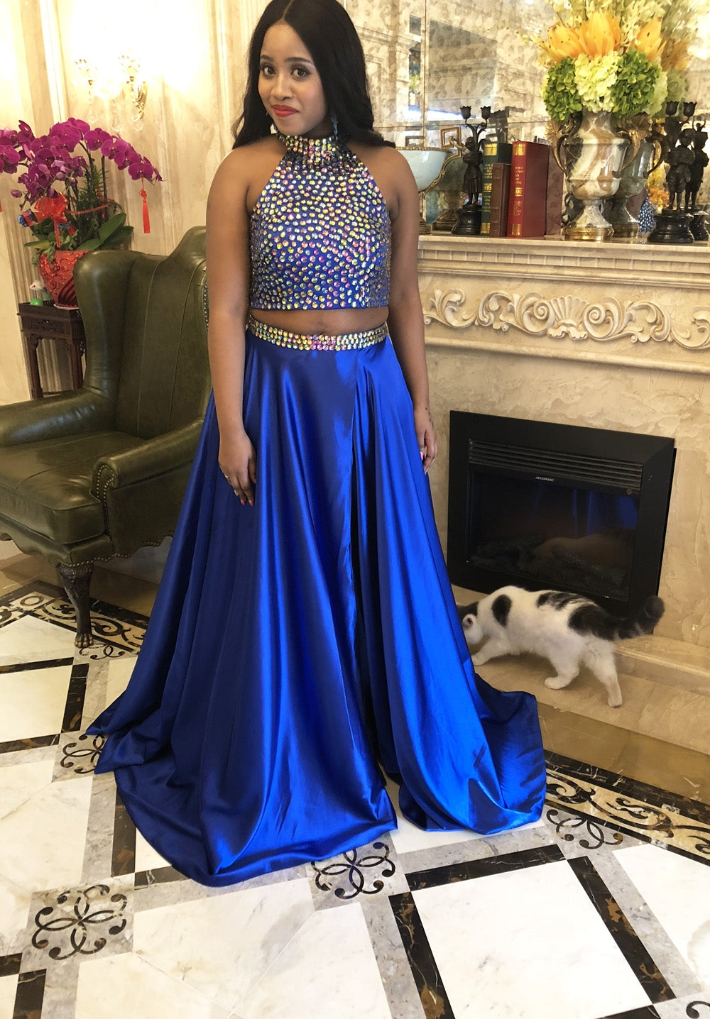 2 piece royal blue prom outlet dress