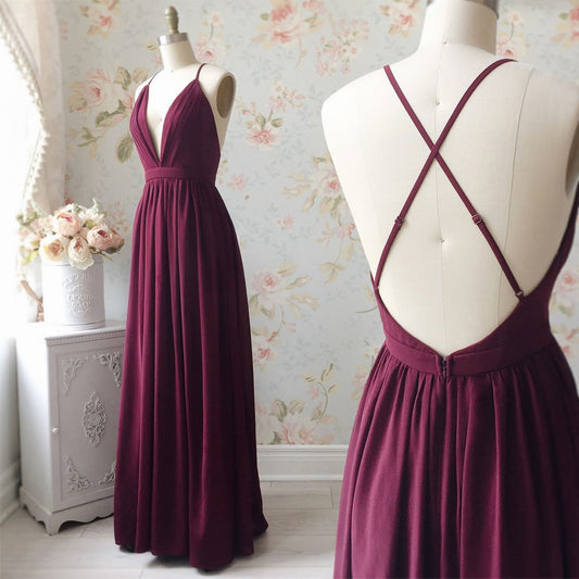Burgundy V-Neck Backless Prom Dress, Formal Bridesmaid Dress, BD2303115