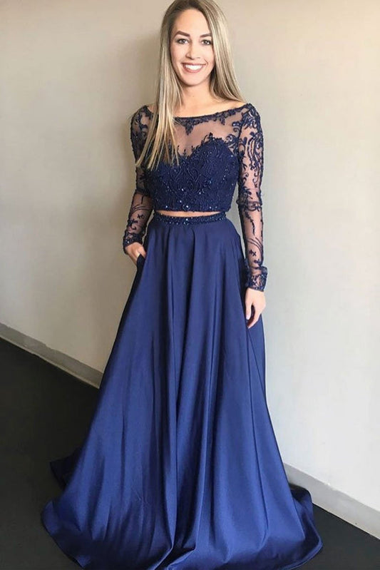 A-Line Navy Blue Lace Two-Piece Prom Dress, Bridesmaid Dress with Long Sleeves, BD2303050