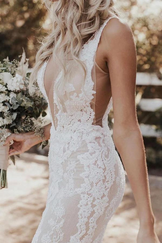 V-Neck Lace Mermaid Wedding Dress, WD2303042
