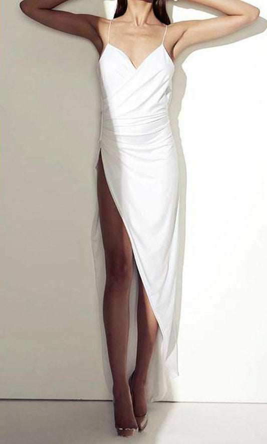 White Satin Side Slit Beach Wedding Dresses, WD23022719