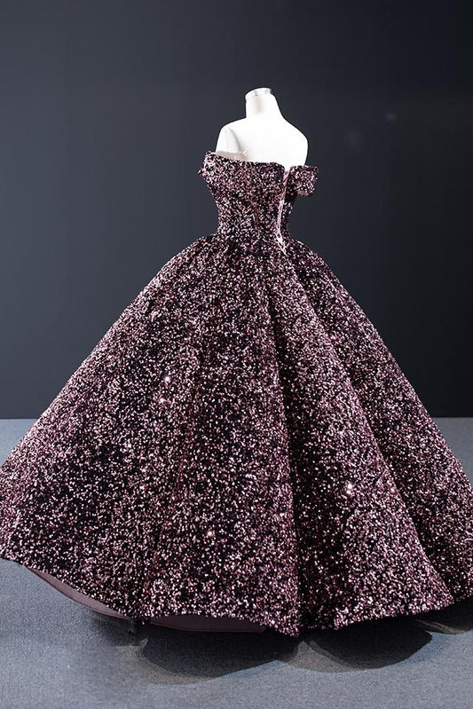 Modest Sequin Ball Gown - Off Shoulder Floor Length Prom Dress, PD23022225