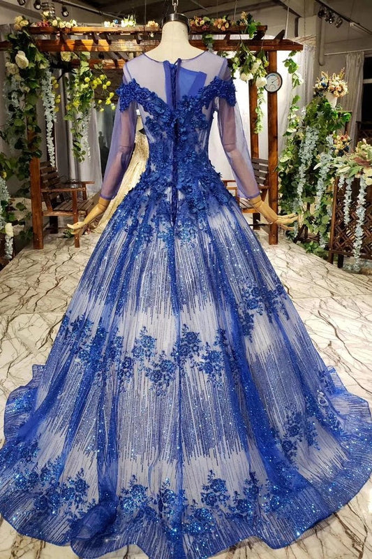 Sheer Neck Blue Ball Gown Prom Dress with Beads, PD23022233