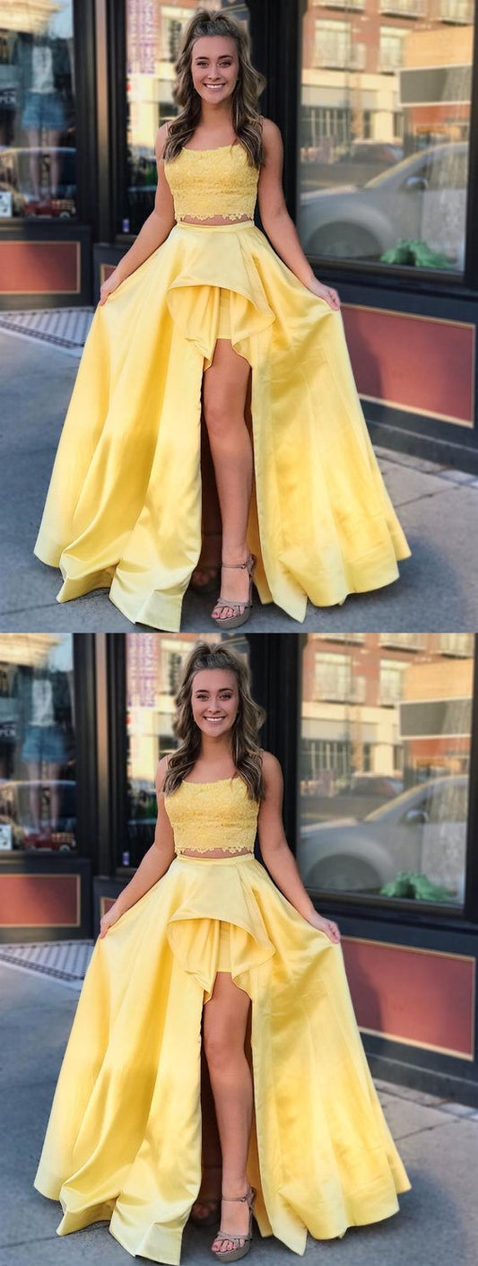 High-Low Yellow Lace 2 Piece Graduation Dress, PD2303011