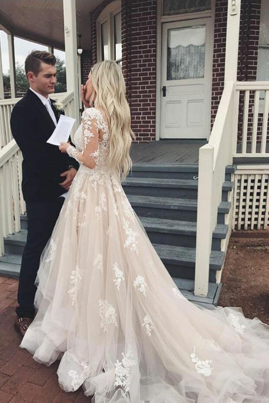 Champagne Lace Wedding Dress wiht Long Sleeves, WD23022626