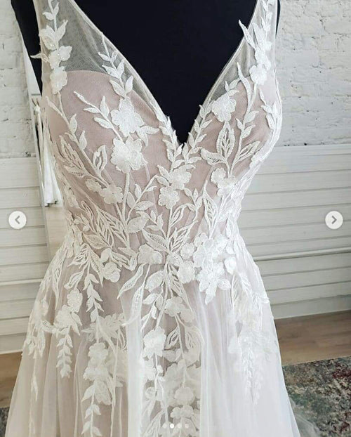 Fairy Tulle A-line Wedding Dress with V-neck, Open Back, and Lace Sleeves, WD2302282