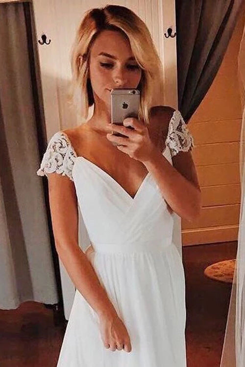 Bohemian Beach Bridal Gown with Cap Sleeves and V-Neck, WD23022696