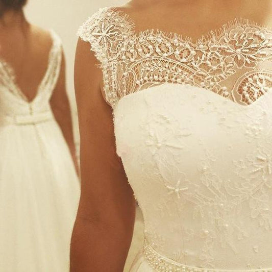 Chiffon Beach Wedding Dresses with Lace and Cap Sleeve, WD23022690
