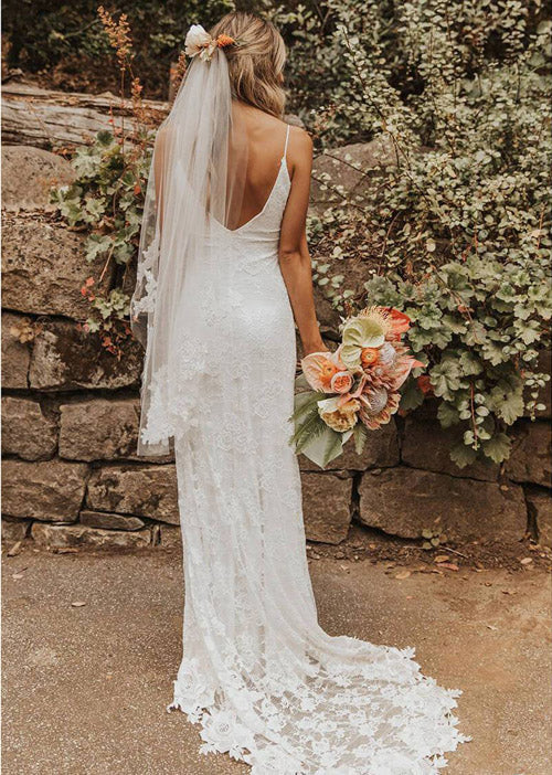 V-neck Side Slit Lace Beach Wedding Dresses with Spaghetti Straps, WD2302279