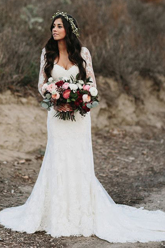 Mermaid Wedding Dress with V-neck, Open Back, and Long Sleeves, WD2302285