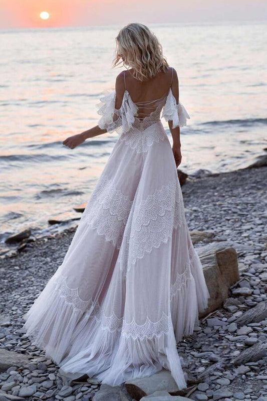 Bohemian Off-the-Shoulder A-Line Tulle Lace Wedding Dress, WD23022357