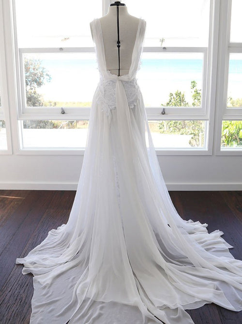 Sweetheart Chiffon Beach Wedding Dress with White Lace and Spaghetti Straps, WD23022815