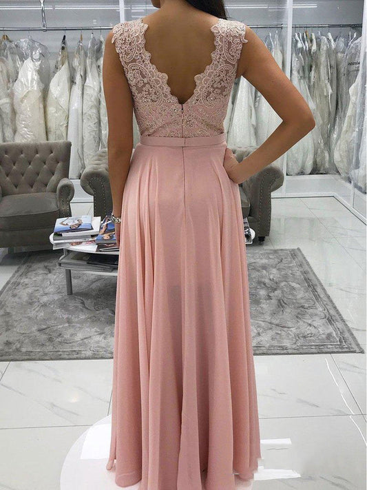 Pink A-Line Lace Beaded Chiffon Sleeveless V-Neck Prom Dress, PD23032216