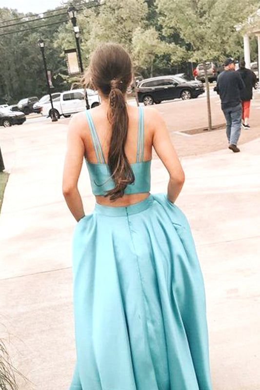 Two-Piece Lake Blue Satin V-Neck Prom Dress, PD23030218