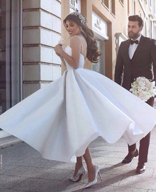 Ivory Satin A-Line Wedding Dress with V-Neckline, Spaghetti Straps, and Appliques, WD2303237
