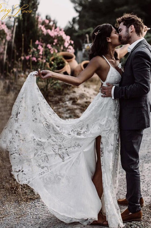 Lace Straps A-line V-neck Long Wedding Dress, WD23022336
