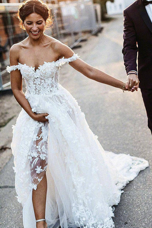 Off-the-Shoulder Rustic Boho Beach Wedding Dress with Lace, WD230226105