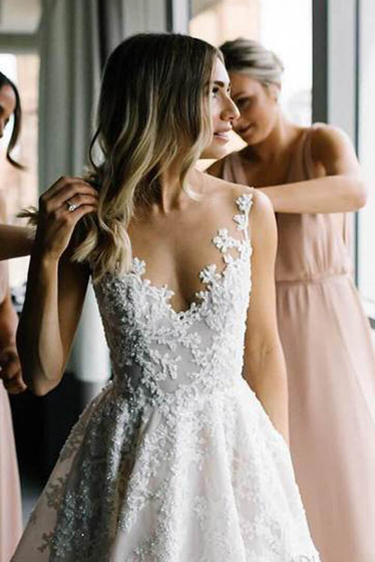Vintage Lace Illusion Neckline Wedding Dress, WD23041118