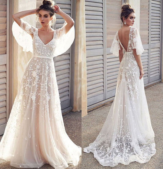 Ivory V Neck Beach Wedding Dresses with Lace Appliques, WD2302272