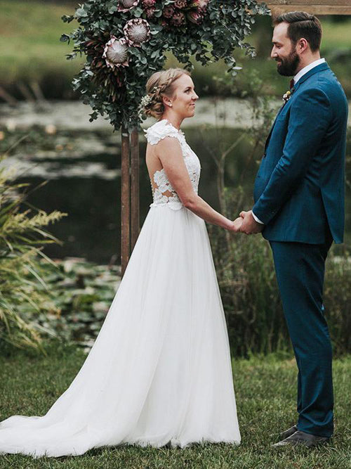 Jewel White Tulle A-line Wedding Dress with Appliques and Sweep Train, WD2302234