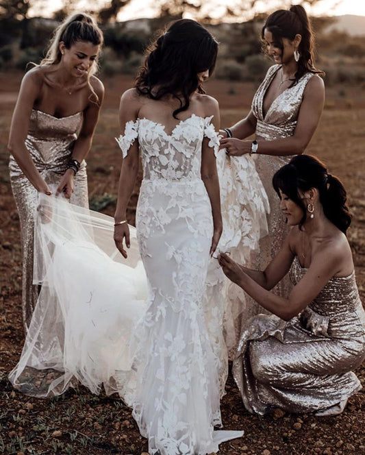 Off-shoulder Mermaid Rustic Wedding Dress with Tulle Applique, WD23022327