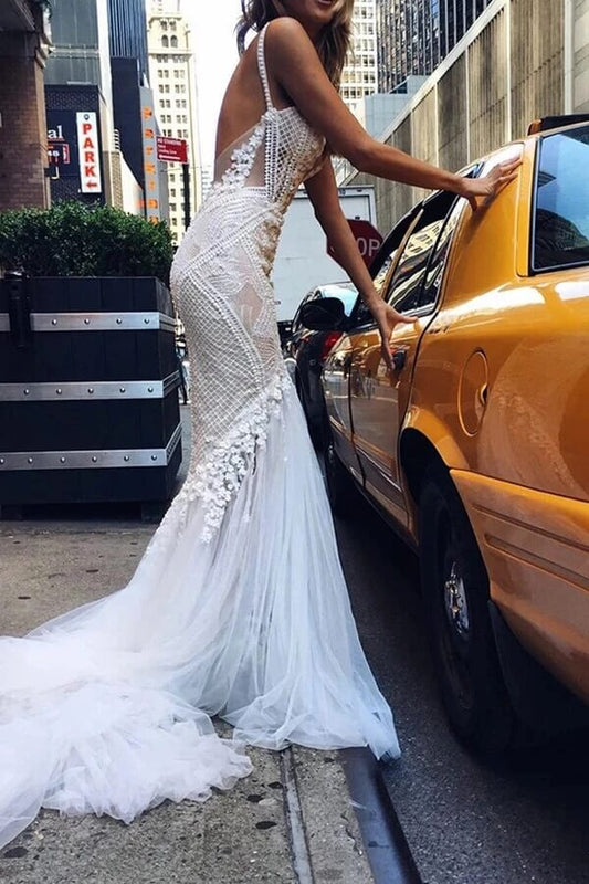 Ivory Mermaid Wedding Dress with Beautiful Tulle Lace and Deep V-Neckline, WD23022345
