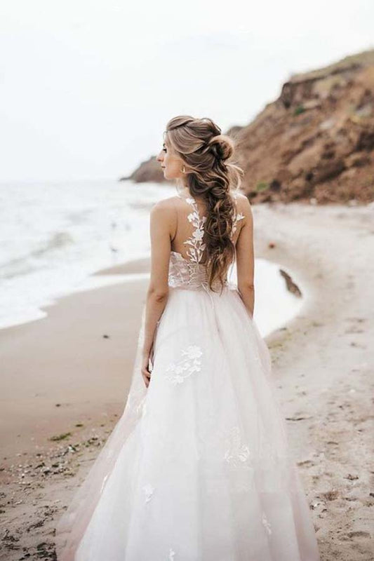 Vintage A Line Tulle Illustion Neckline Wedding Dress with Lace and Corset Back, WD23022710