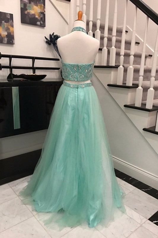 Sky Blue Beaded Halter Two-Piece Prom Dress, PD23030215