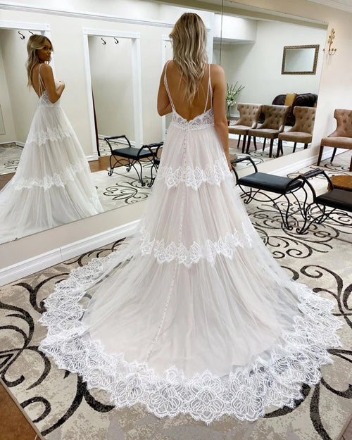 Rustic A-line Wedding Dress with Spaghetti Straps and Lace Bodice, WD23022385