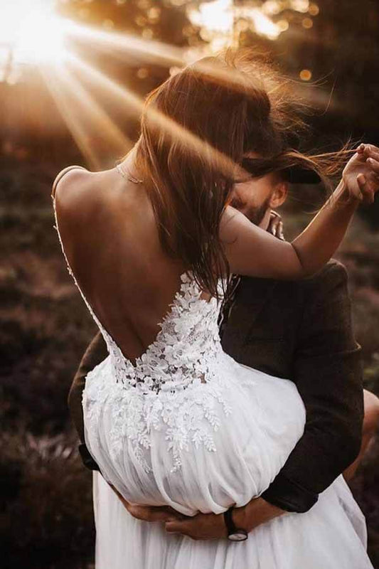 White Backless A-Line Wedding Dress with Lace Bodice and V-Neck, WD230226113