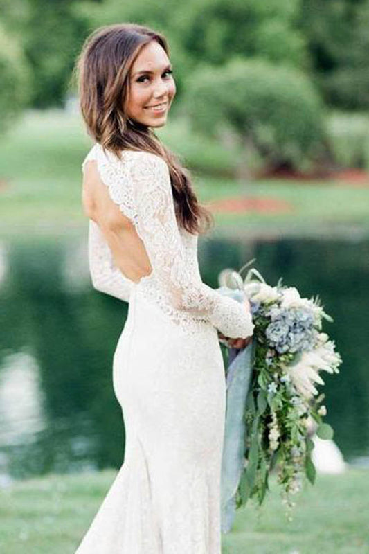 Ivory Mermaid Backless Lace Wedding Dress with Long Sleeves, WD2304115