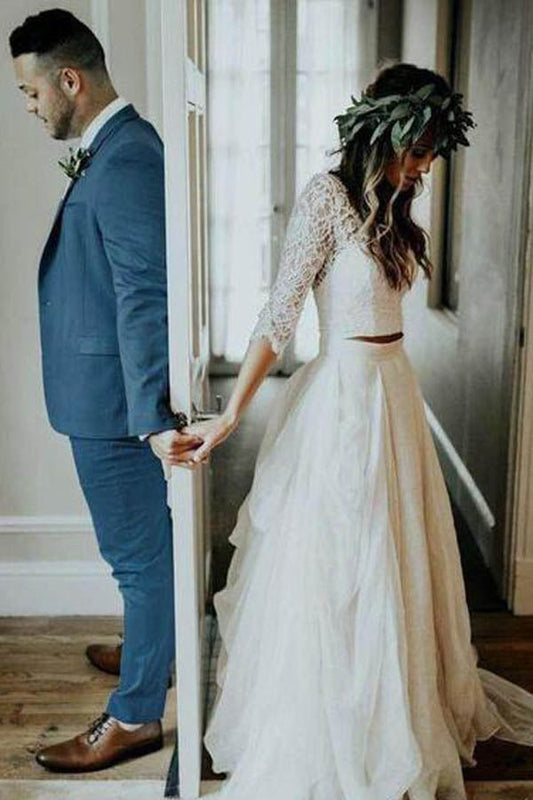 Two Piece Rustic Wedding Dress with Ivory Chiffon and 3-4 Sleeves, WD23022389